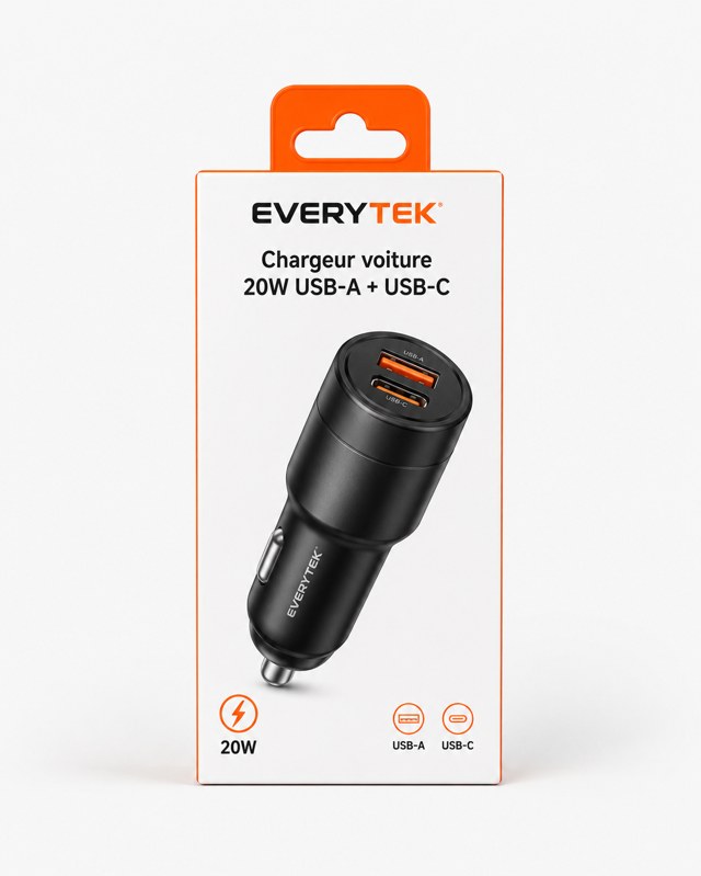 Chargeur voiture 20W USB-A + USB-C